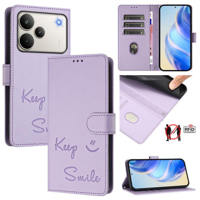 Smile Embossing RFID Leather Phone Case, For Realme 16 Pro 5G Global, For Realme C71 4G India / Note 70 4G, For Realme C85 5G / 15x 5G India, For Realme P4 Pro 5G