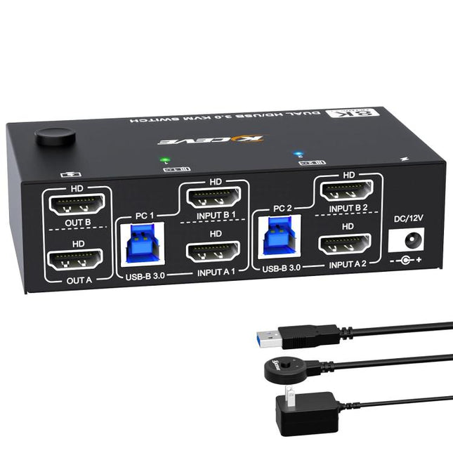 KC-KVM8202 8K 60Hz USB3.0 / HDMI 2-Port Dual Monitor KVM Switch, US Plug, EU Plug, UK Plug, AU Plug