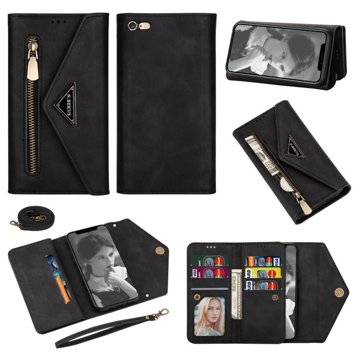 Horizontales Flip-Lederetui mit Reißverschluss und Halterung, Kartenfächern, Bilderrahmen, Trageband und langem Seil, für iPhone 6, für iPhone 6 Plus, für iPhone 7/8/SE (2020), für iPhone 7 Plus/8 Plus, für iPhone 11