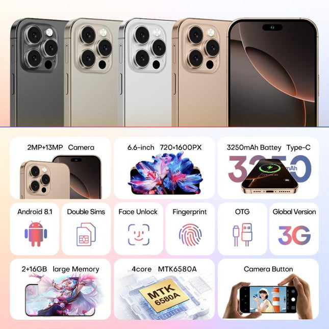 A88 / i16 Pro Max, 2GB+16GB, 6.6 inch Android 8.1 MTK6580A Quad Core, OTG, Network: 3G, Dual SIM, EU Plug, US Plug, UK Plug, AU Plug