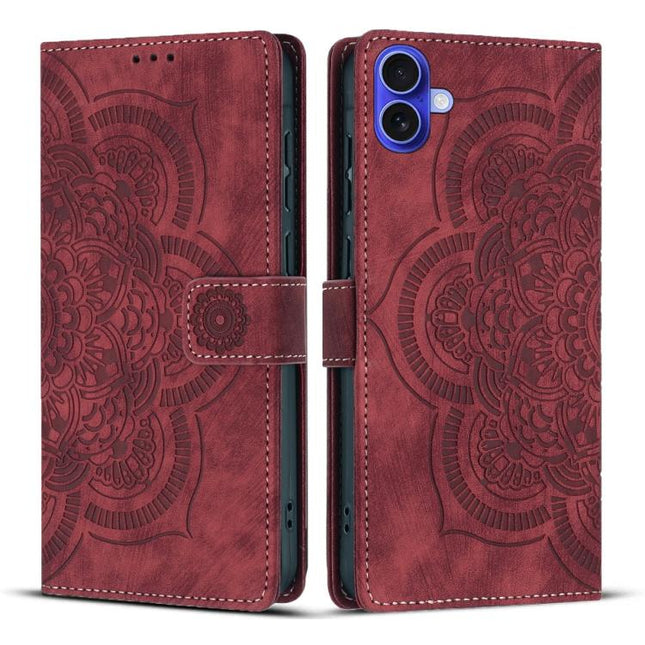 Mandala Embossed Retro Frosted Leather Phone Case, For iPhone 16, For iPhone 15 Pro Max, For iPhone 15 Pro, For iPhone 15 Plus