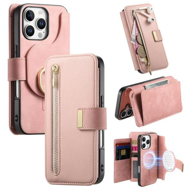 Ring Zipper Wallet RFID Blocking MagSafe Leather Phone Case, For iPhone 16 Plus, For iPhone 16, For iPhone 15 Pro Max