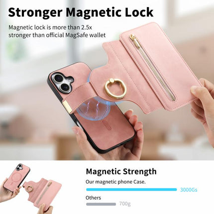Ring Zipper Wallet RFID Blocking MagSafe Leather Phone Case, For iPhone 16 Plus, For iPhone 16, For iPhone 15 Pro Max