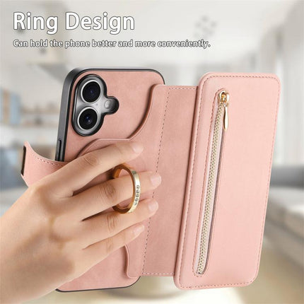 Ring Zipper Wallet RFID Blocking MagSafe Leather Phone Case, For iPhone 16 Plus, For iPhone 16, For iPhone 15 Pro Max