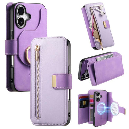 Ring Zipper Wallet RFID Blocking MagSafe Leather Phone Case, For iPhone 16 Plus, For iPhone 16, For iPhone 15 Pro Max