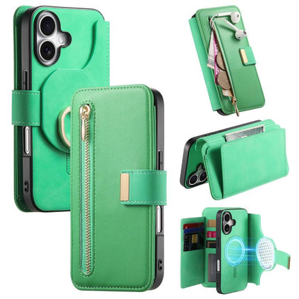 Ring Zipper Wallet RFID Blocking MagSafe Leather Phone Case, For iPhone 16 Plus, For iPhone 16, For iPhone 15 Pro Max