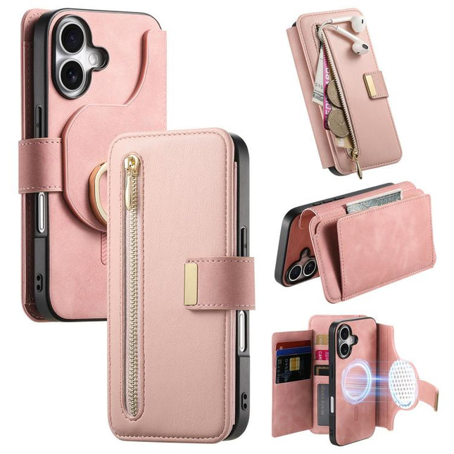 Ring Zipper Wallet RFID Blocking MagSafe Leather Phone Case, For iPhone 16 Plus, For iPhone 16, For iPhone 15 Pro Max
