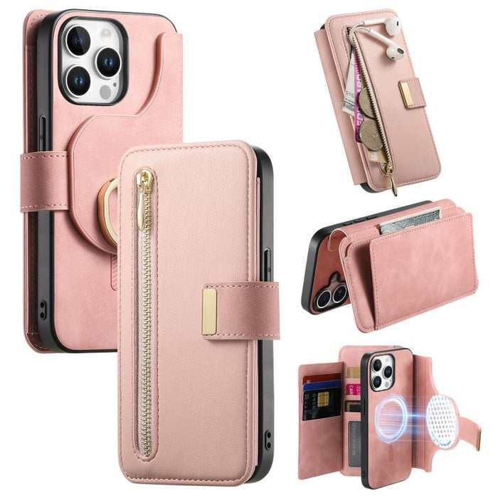 Ring Zipper Wallet RFID Blocking MagSafe Leather Phone Case, For iPhone 15 Pro, For iPhone 15 Plus, For iPhone 15