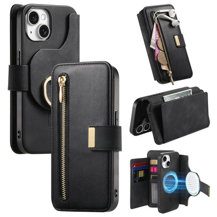 Ring Zipper Wallet RFID Blocking MagSafe Leather Phone Case, For iPhone 15 Pro, For iPhone 15 Plus, For iPhone 15