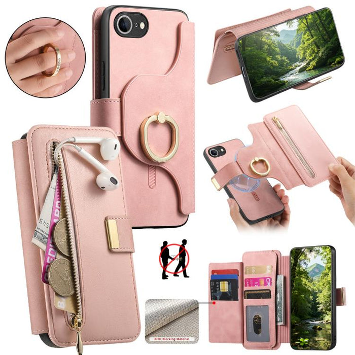 Ring Zipper Wallet RFID Blocking MagSafe Leather Phone Case, For iPhone 17e / 16e, For iPhone 16 Pro Max, For iPhone 16 Pro
