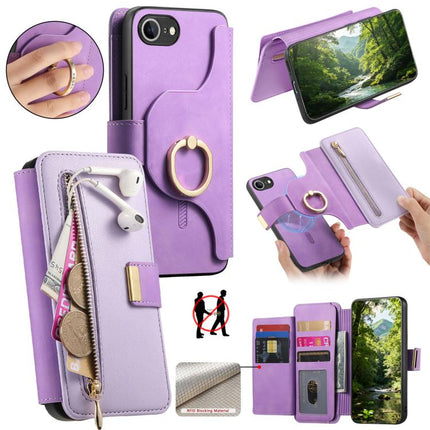 Ring Zipper Wallet RFID Blocking MagSafe Leather Phone Case, For iPhone 17e / 16e, For iPhone 16 Pro Max, For iPhone 16 Pro