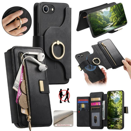 Ring Zipper Wallet RFID Blocking MagSafe Leather Phone Case, For iPhone 17e / 16e, For iPhone 16 Pro Max, For iPhone 16 Pro