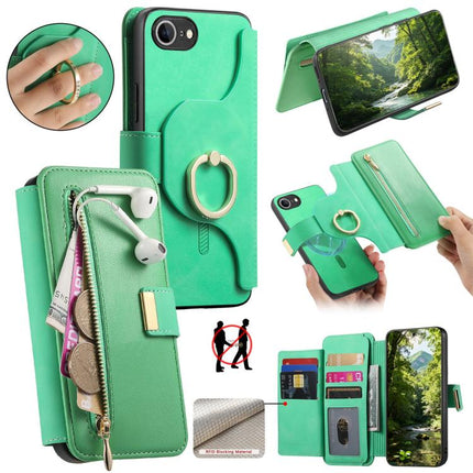 Ring Zipper Wallet RFID Blocking MagSafe Leather Phone Case, For iPhone 17e / 16e, For iPhone 16 Pro Max, For iPhone 16 Pro