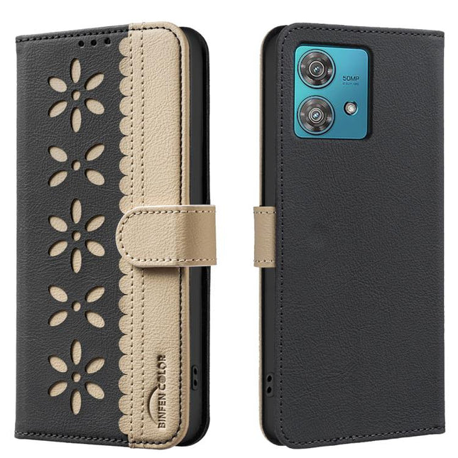 Splicing Color Hollow Flower Pattern RFID Leather Phone Case, For Motorola Edge 40 Neo, For Motorola Edge 40, For Motorola Moto G13 4G / G23 4G, For Motorola Moto E13
