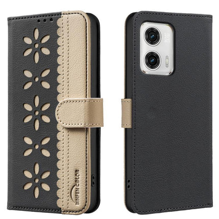 Splicing Color Hollow Flower Pattern RFID Leather Phone Case, For Motorola Moto G73
