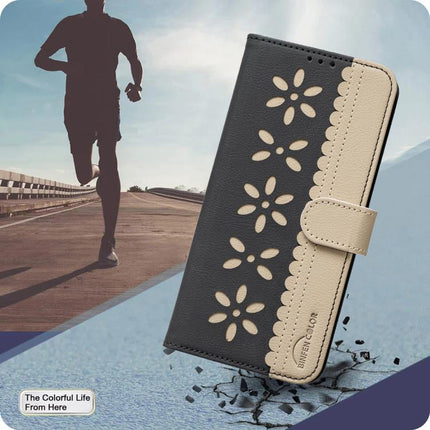 Splicing Color Hollow Flower Pattern RFID Leather Phone Case, For Motorola Moto G73