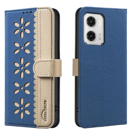 Splicing Color Hollow Flower Pattern RFID Leather Phone Case, For Motorola Moto G73