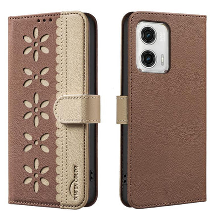 Splicing Color Hollow Flower Pattern RFID Leather Phone Case, For Motorola Moto G73