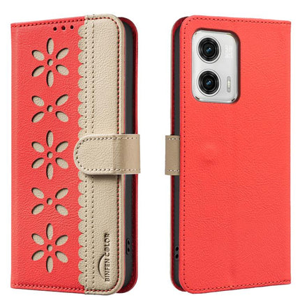 Splicing Color Hollow Flower Pattern RFID Leather Phone Case, For Motorola Moto G73