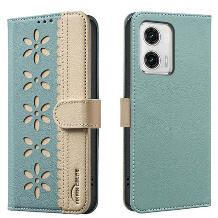 Splicing Color Hollow Flower Pattern RFID Leather Phone Case, For Motorola Moto G73