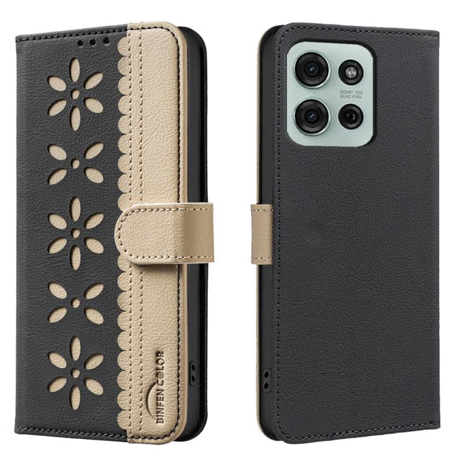 Splicing Color Hollow Flower Pattern RFID Leather Phone Case, For Motorola Moto G75 5G, For Motorola Moto G35, For Motorola Moto G55, For Motorola Moto G04 / G24 / E14