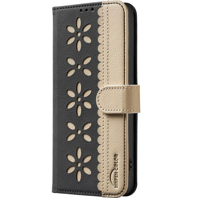 Splicing Color Hollow Flower Pattern RFID Leather Phone Case, For Motorola Moto G Max/G87/G77/G67 5G, For Motorola Moto G37 5G/G37 Power 5G, For Motorola Edge 70 Fusion 5G, For Motorola Moto G86 5G