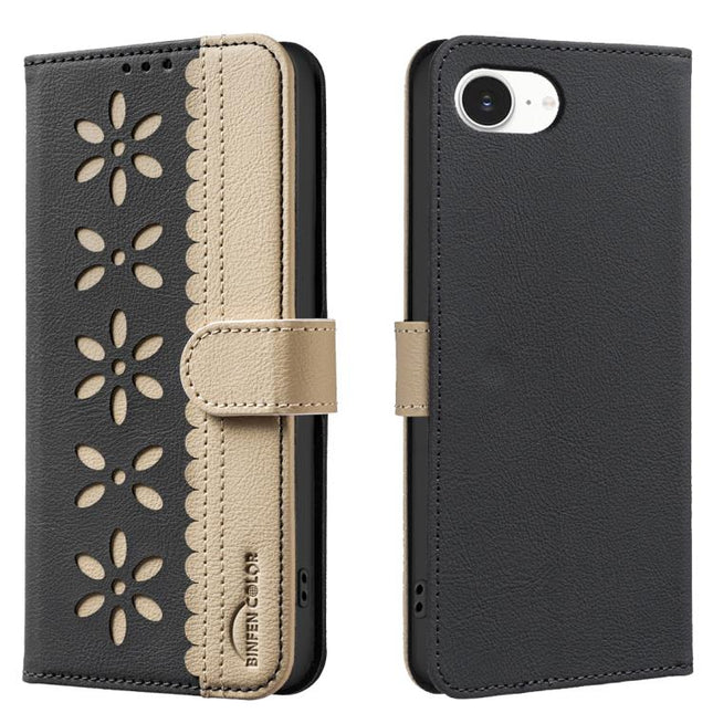 Splicing Color Hollow Flower Pattern RFID Leather Phone Case, For iPhone 16e / 17e, For iPhone 17 Pro Max, For iPhone 17 Pro, For iPhone 17