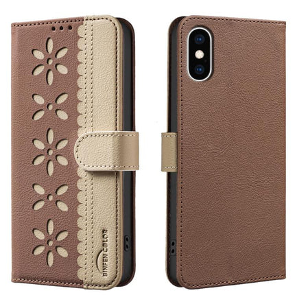 Splicing Color Hollow Flower Pattern RFID Leather Phone Case