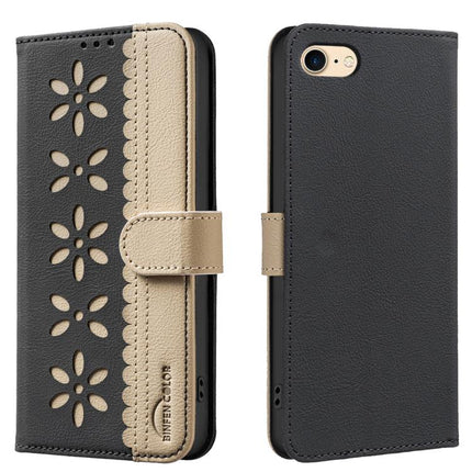 Splicing Color Hollow Flower Pattern RFID Leather Phone Case