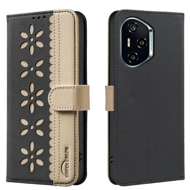 Splicing Color Hollow Flower Pattern RFID Leather Phone Case, For Honor 300 Pro 5G / 300 Ultra 5G, For Honor 300, For Honor X5B, For Honor X7C / 200 Smart 5G