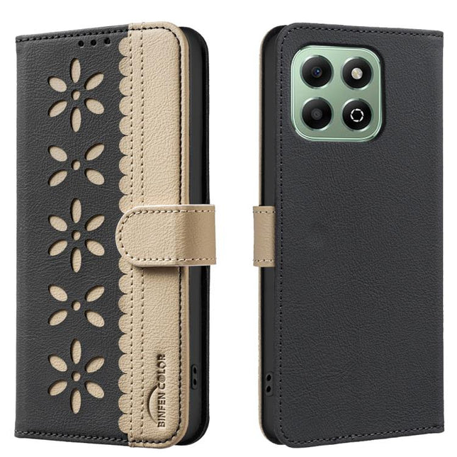 Splicing Color Hollow Flower Pattern RFID Leather Phone Case, For Honor X6B, For Honor 200 Lite, For Honor X7B, For Honor X8B