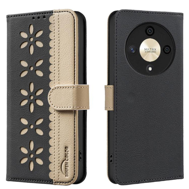 Splicing Color Hollow Flower Pattern RFID Leather Phone Case, For Honor X9B / Magic6 Lite, For Honor X7A