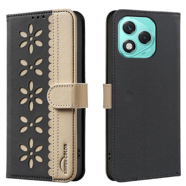 Splicing Color Hollow Flower Pattern RFID Leather Phone Case, For Honor 400 Lite Global, For Honor 400 Global 156.5mm, For Honor X8C, For Honor X9C / Magic7 Lite