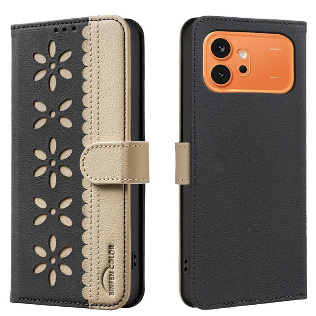 Splicing Color Hollow Flower Pattern RFID Leather Phone Case, For Honor 600 Global, For Honor 600 Lite Global, For Honor X6d 5G, For Honor X8d 4G