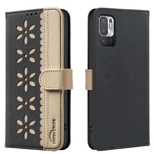 Splicing Color Hollow Flower Pattern RFID Leather Phone Case, For Xiaomi Poco M3 Pro