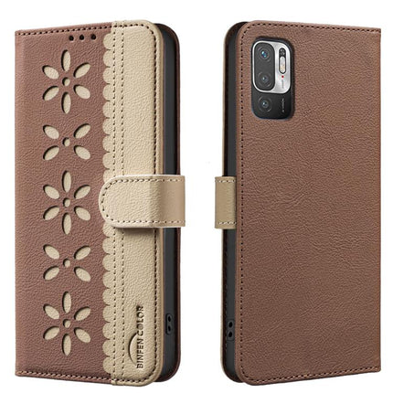 Splicing Color Hollow Flower Pattern RFID Leather Phone Case, For Xiaomi Poco M3 Pro