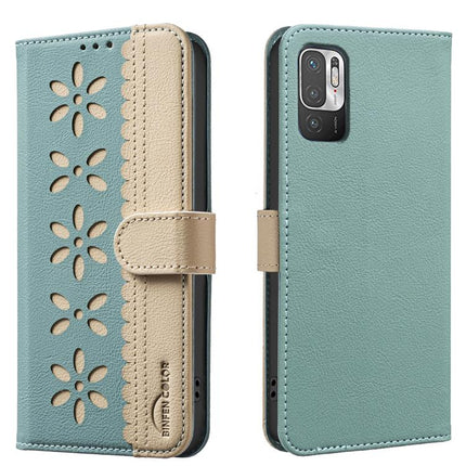 Splicing Color Hollow Flower Pattern RFID Leather Phone Case, For Xiaomi Poco M3 Pro