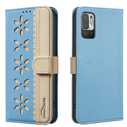 Splicing Color Hollow Flower Pattern RFID Leather Phone Case, For Xiaomi Poco M3 Pro