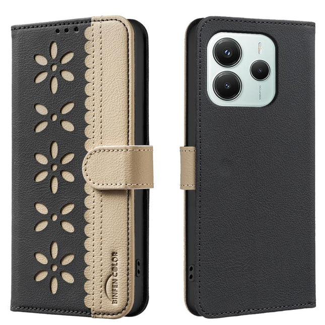 Splicing Color Hollow Flower Pattern RFID Leather Phone Case, For Xiaomi Poco M7 Pro 5G, For Xiaomi Poco F6 Pro 5G, For Xiaomi Poco X6 Pro 5G, For Xiaomi 13T