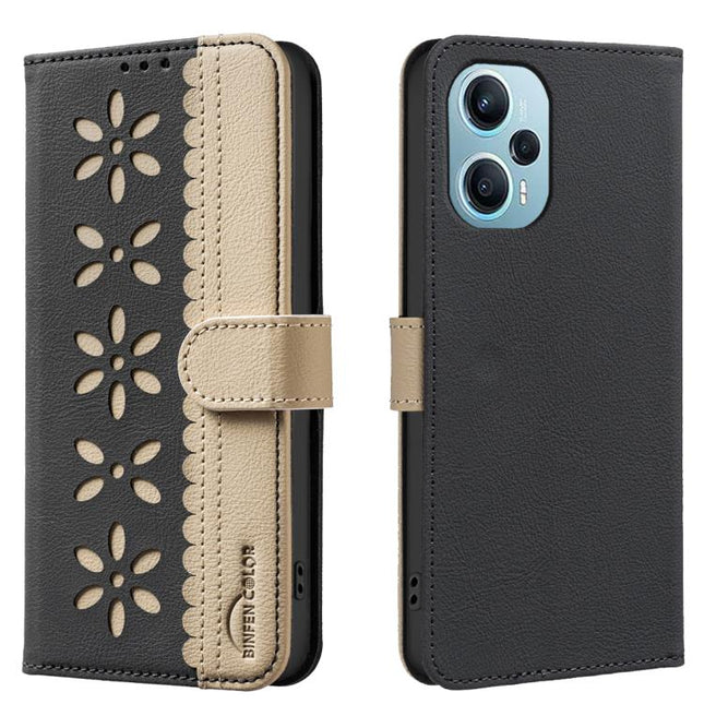 Splicing Color Hollow Flower Pattern RFID Leather Phone Case, For Xiaomi Poco F5, For Xiaomi Poco X5 Pro, For Xiaomi Poco C55, For Xiaomi Poco X5