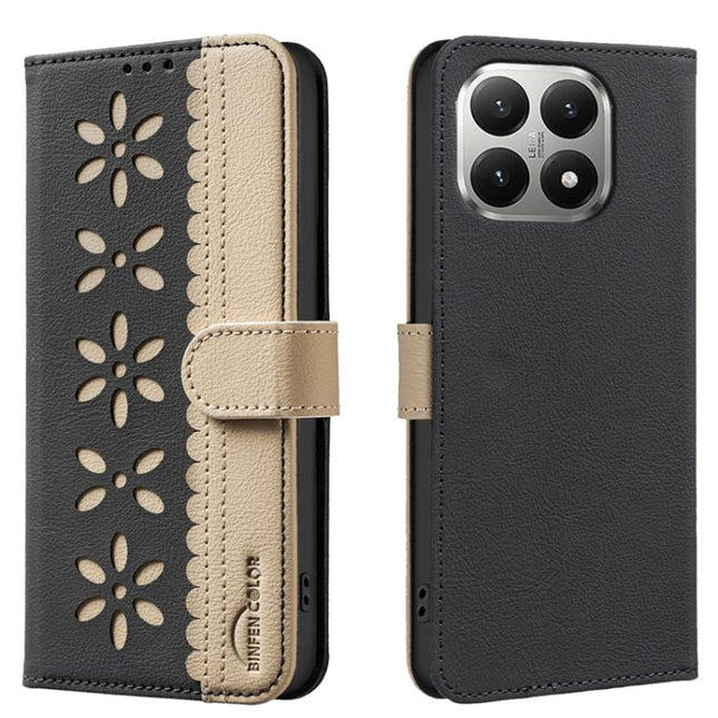 Splicing Color Hollow Flower Pattern RFID Leather Phone Case, For Xiaomi 15T 5G, For Xiaomi Poco F7 5G Global, For Xiaomi Poco X7 Pro, For Xiaomi Poco C75