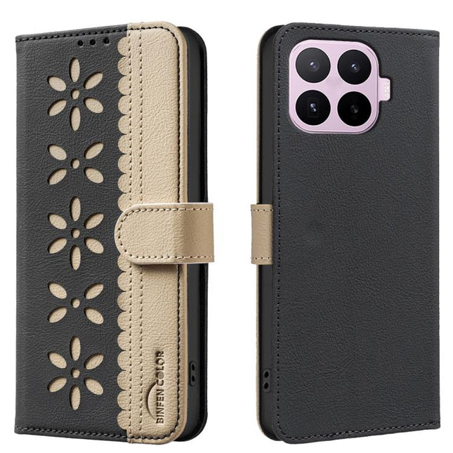 Splicing Color Hollow Flower Pattern RFID Leather Phone Case, For Xiaomi 17T Pro 5G, For Xiaomi 17T 5G, For Xiaomi Poco M7 4G 169mm, For Xiaomi 15T Pro 5G