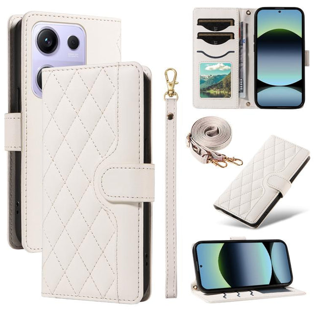 Three Card Slot Diamond Grid Leather Phone Case with Long / Short Straps, For Xiaomi Poco M6 Pro 4G Global