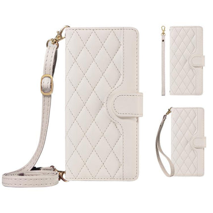 Three Card Slot Diamond Grid Leather Phone Case with Long / Short Straps, For Xiaomi Poco M6 Pro 4G Global