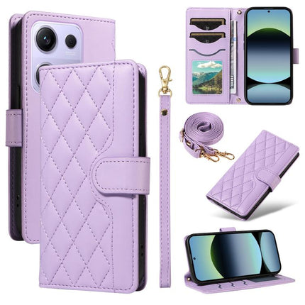 Three Card Slot Diamond Grid Leather Phone Case with Long / Short Straps, For Xiaomi Poco M6 Pro 4G Global