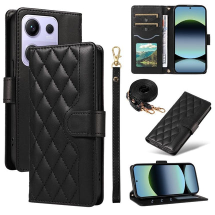 Three Card Slot Diamond Grid Leather Phone Case with Long / Short Straps, For Xiaomi Poco M6 Pro 4G Global