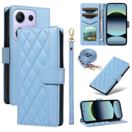 Three Card Slot Diamond Grid Leather Phone Case with Long / Short Straps, For Xiaomi Poco M6 Pro 4G Global