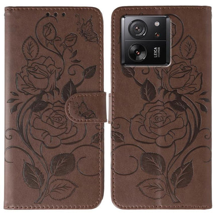Rose Butterfly Embossed Leather Phone Case, For Xiaomi 14T Pro, For Xiaomi 14T, For Xiaomi Poco C61 4G Global, For Xiaomi 13T / 13T Pro