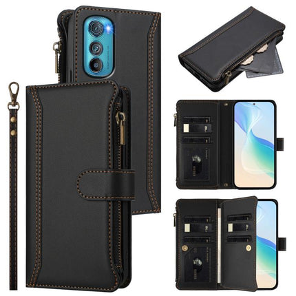 Magnetic Closure 9 Card Slots Zipper Leather Case with Hand Strap, For Motorola Moto G22 4G / E32S, For Motorola Edge 2022 / Edge+ 5G UW, For Motorola E32 4G Global, For Motorola Edge 30