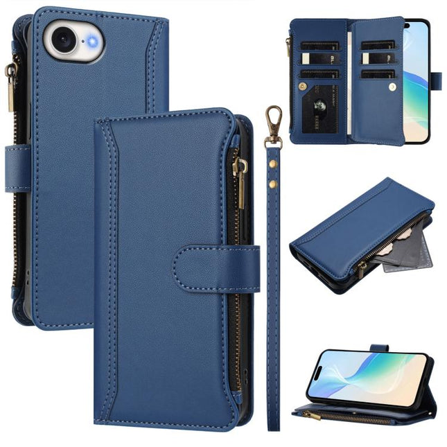 Magnetic Closure 9 Card Slots Zipper Leather Case with Hand Strap, For iPhone 17e / 16e, For iPhone 17 Pro Max, For iPhone 17 Pro, For iPhone 17